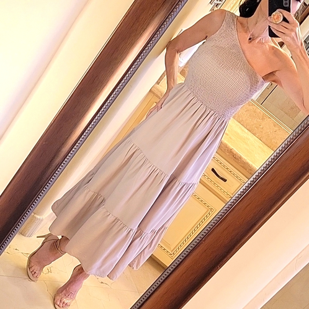 BTFBM Taupe One-shoulder Ruched Top & Flowy Tiered Bottom Summer Dress, S - Picture 6 of 14